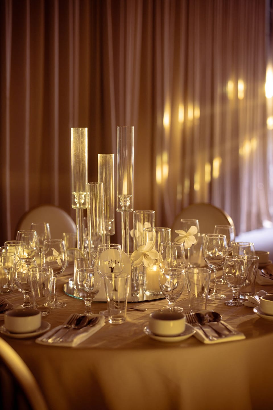 A long table reunion facing the stage